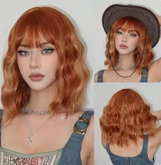 

Orange Ginger Synthetic Wigs Short Wave Hair Wigs with Bangs Natural Curly Wigs For Women Lolita Cosplay Heat Resistant