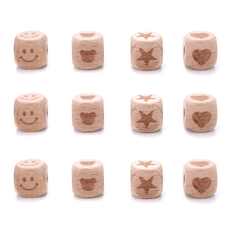 10Pcs 12mm Printing Beech Wooden Square Beads Five-pointed Star Heart Teether Beads for Pacifier Clips Holder Accessories