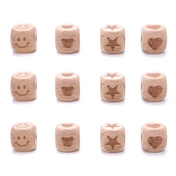 10Pcs 12mm Printing Beech Wooden Square Beads Five-pointed Star Heart Teether Beads for Pacifier Clips Holder Accessories