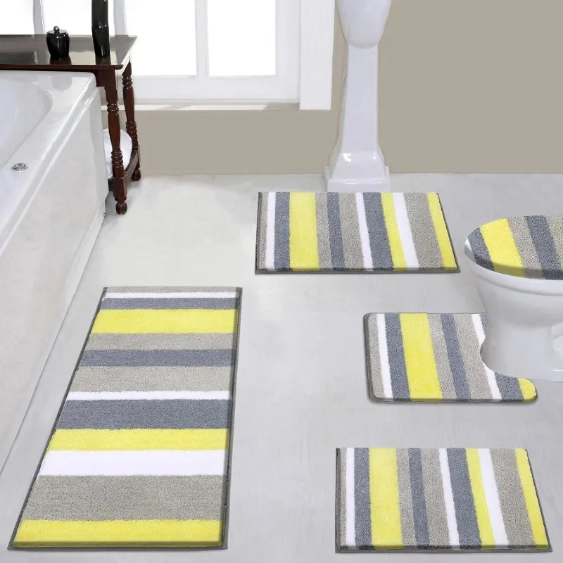 

5 Piece Bathroom Rugs Set, Non Slip Shaggy Microfiber Plush Absorbent Washable Bath Shower Mats Runner for Tub