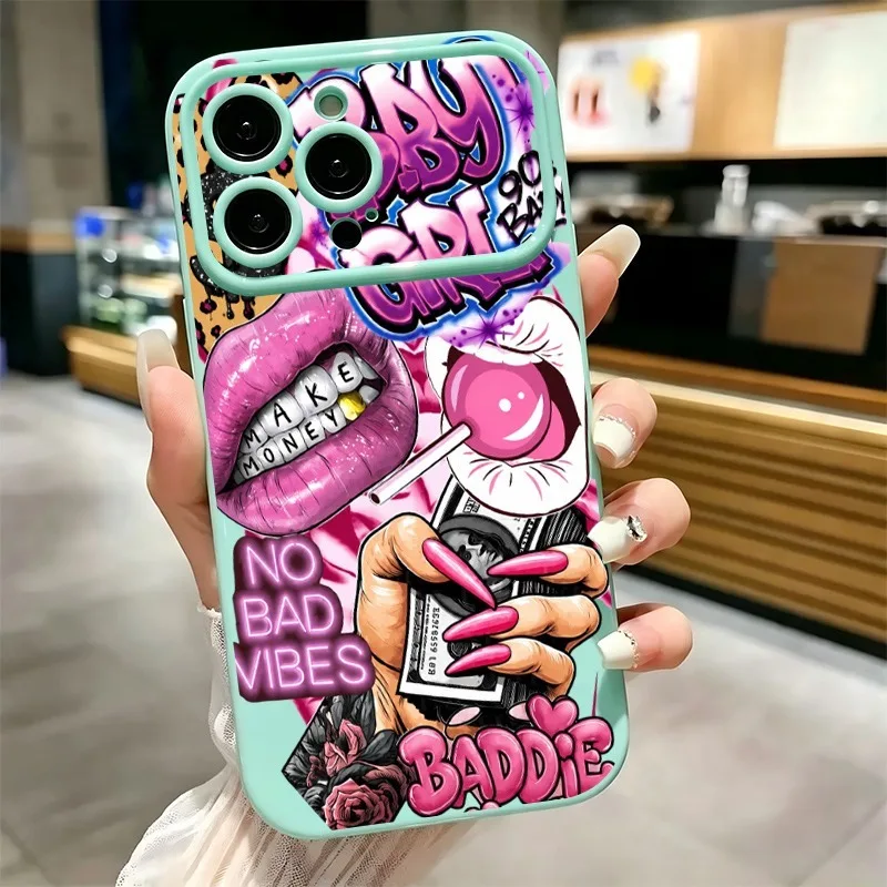 Hip Hop Pink Lips Baby Girl Graffiti Print Phone Case For iPhone 17 16 15 14 13 12 11 Pro Max Plus Soft Shockproof TPU Cover view 6