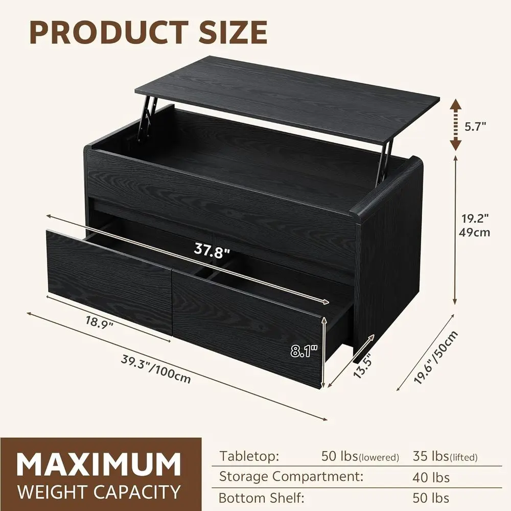40-Zoll-Couchtisch mit Hubplatte und Schubladen, gebogenes Design für Wohnzimmer oder Heimbüro, Schwarz
