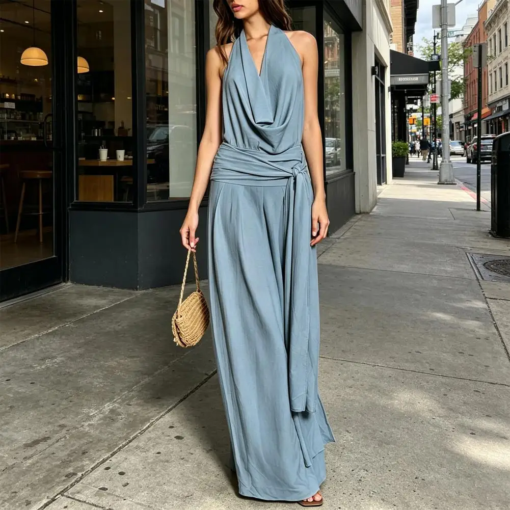 

Day Comfort Jumpsuit Halter Jumpsuit for Women Cowl Neck Wide Leg Rompers Tie Waist Backless Summer One Piece Outfit Women