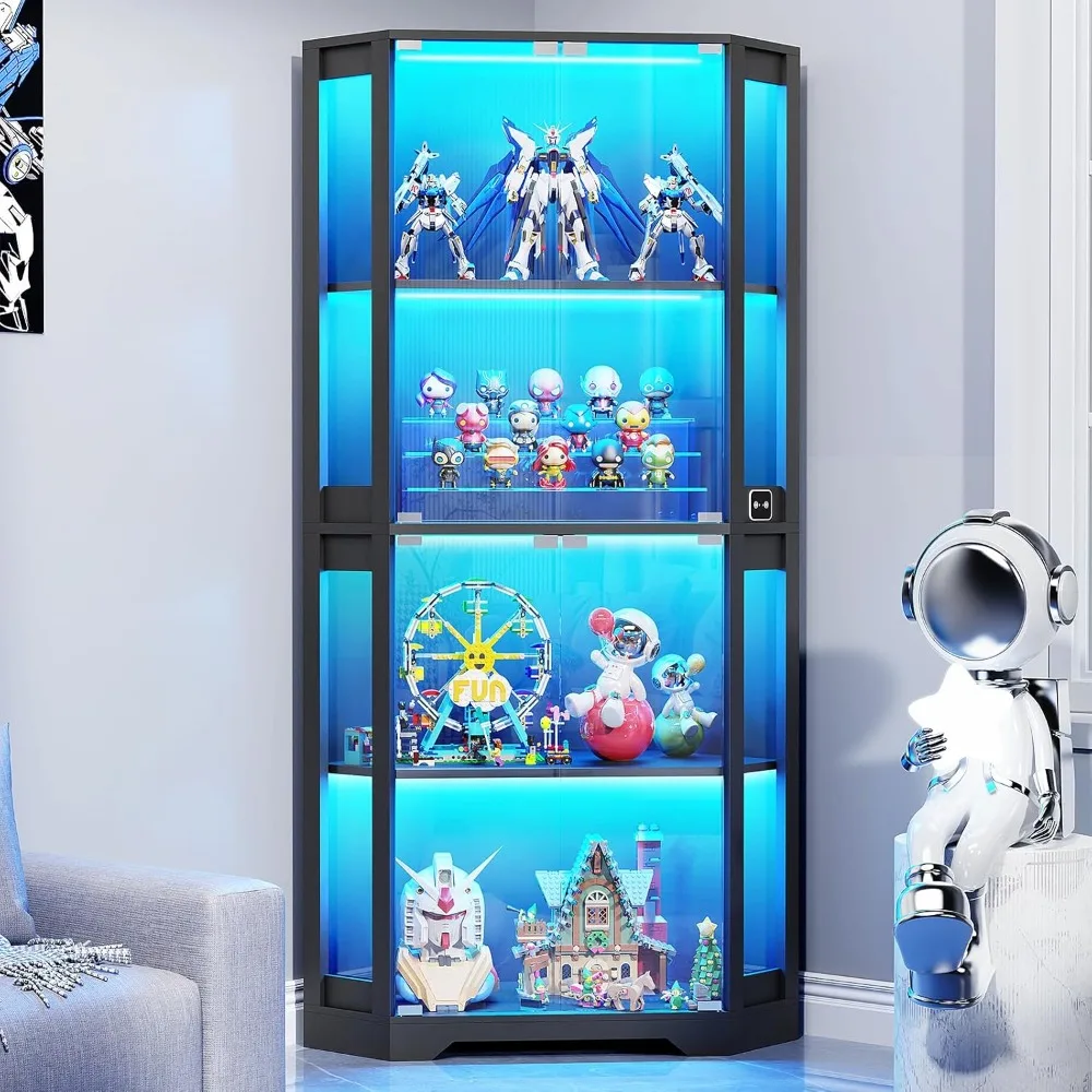 

Corner Display Cabinet with Glass Doors, 65" Lighted Curio Cabinet with 3 Color Lights for Collectibles, 4-Tier Display Case