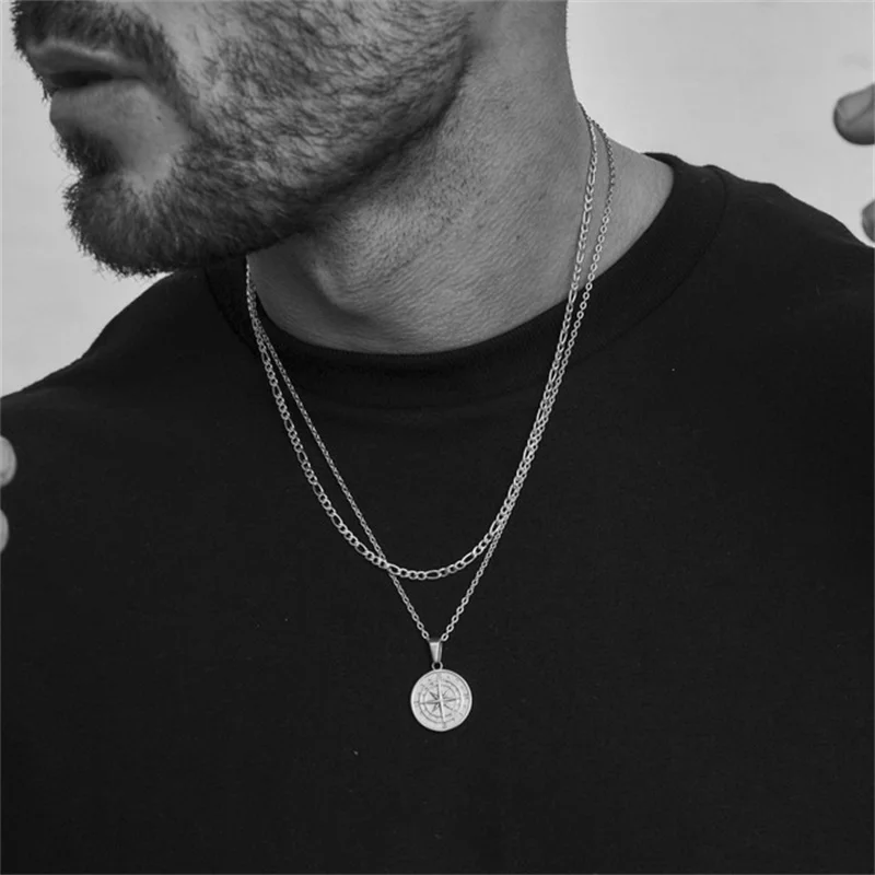 Rock-Mehrschichtige Kettenhalskette für Männer, Hip-Hop-Münzanhänger-Halskette, Figaro-Twist-Kettenhalskette, Herren-Street-Schmuck – Detail 12
