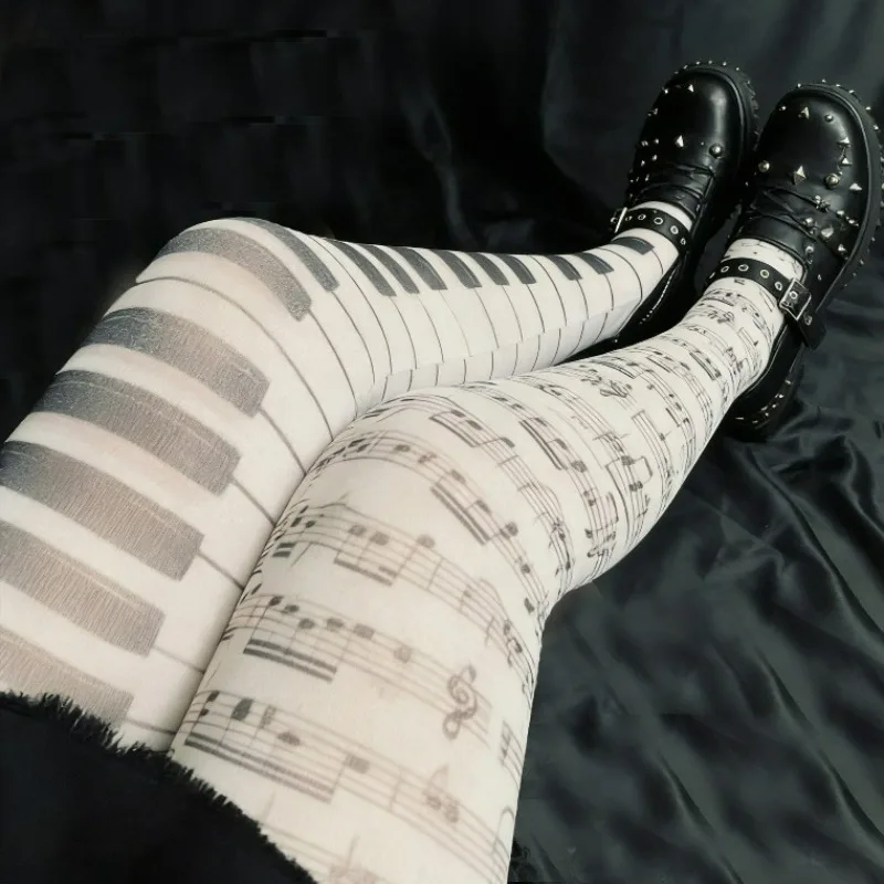 

Subculture Music Note Tights for Women Y2K White Sexy Piano Patterned Pantyhose Gothic Style Stocking Girls Black White Leggings