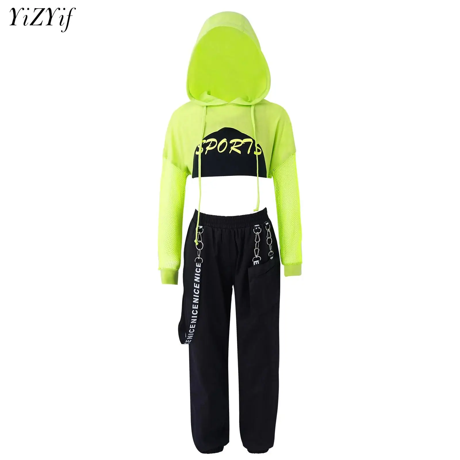 Kids Girls Hip-pop Jazz Dance Costume Long Sleeve Hooded Cover Up Top with Crop Vest and Pants Set for Modern Stage Performance