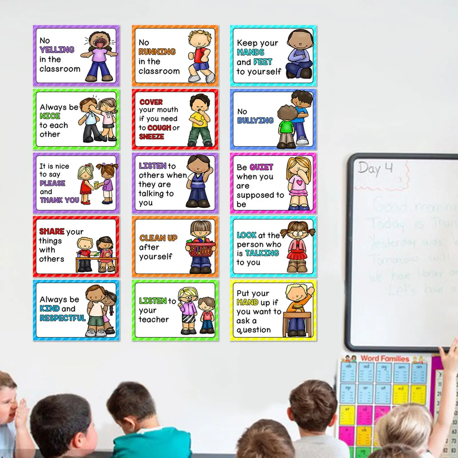 15x قواعد الفصول الدراسية الإنجليزية الملصقات لمعايير السلوك لمرحلة ما قبل المدرسة عرض المسيل للدموع أدوات التدريس زينة الجدران