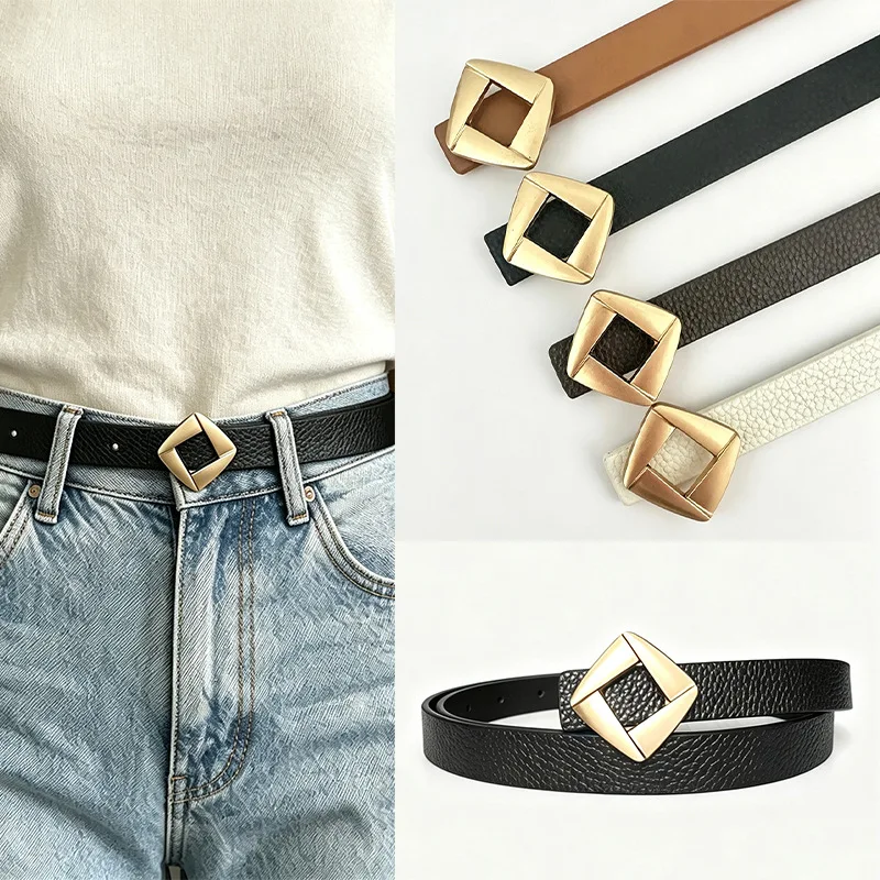 Fashionable Square Openwork Commuter Women’s Belt with Gold Buckle Minimalist Alligator-Textured Decorative Belt for Jeans