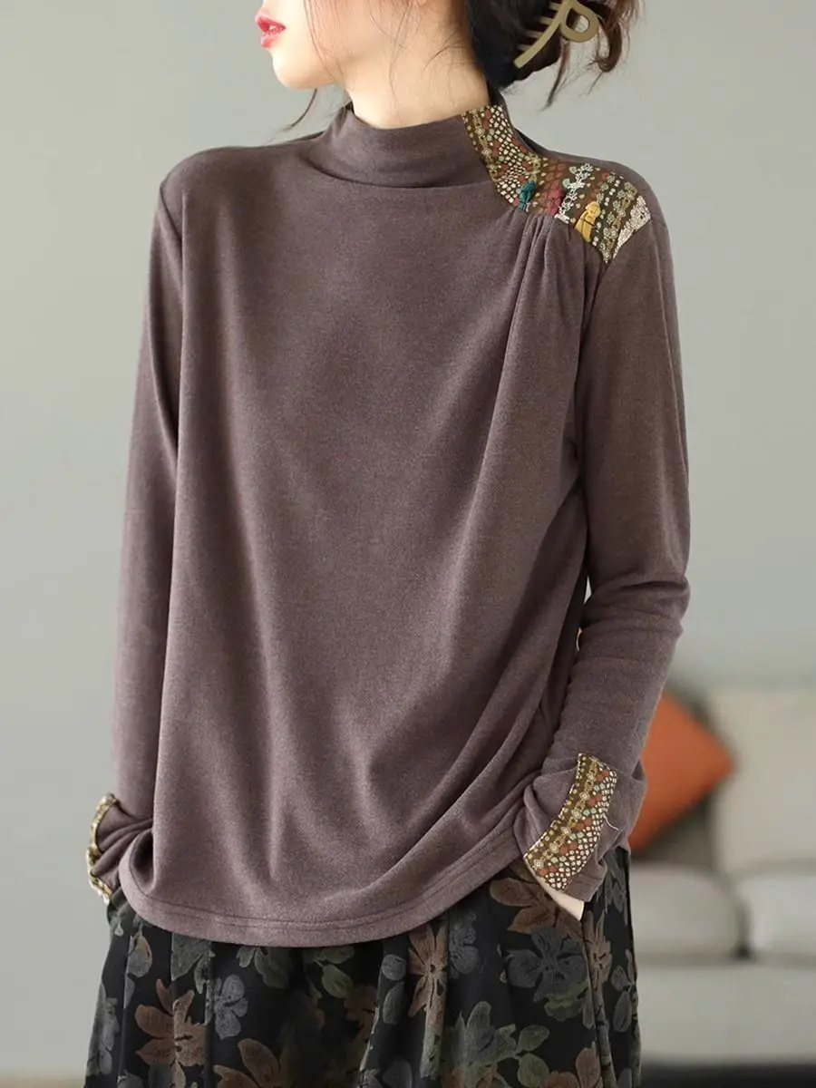 

Double-Sided Velvet Head-Turner Top Artistic Retro Ethnic Print Patchwork Base Shirt Women Long Sleeve Button-Up T-Shirt