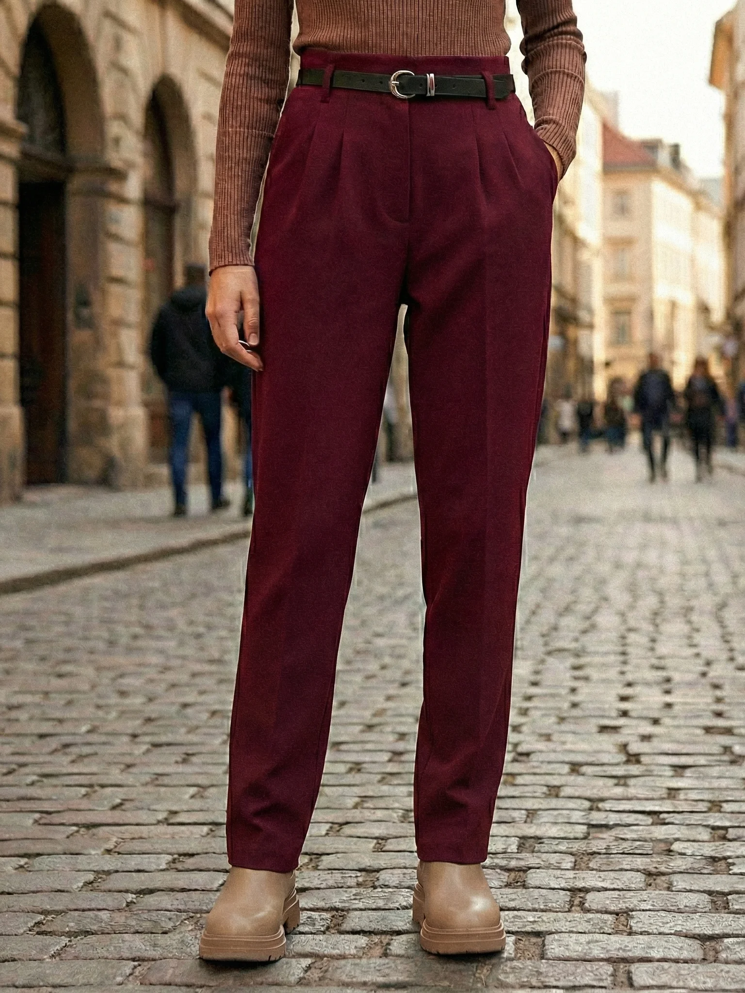 EDSA dames getailleerde hoge taille broek met riem rechte pijpen lange broek voor kantoordame streetwear