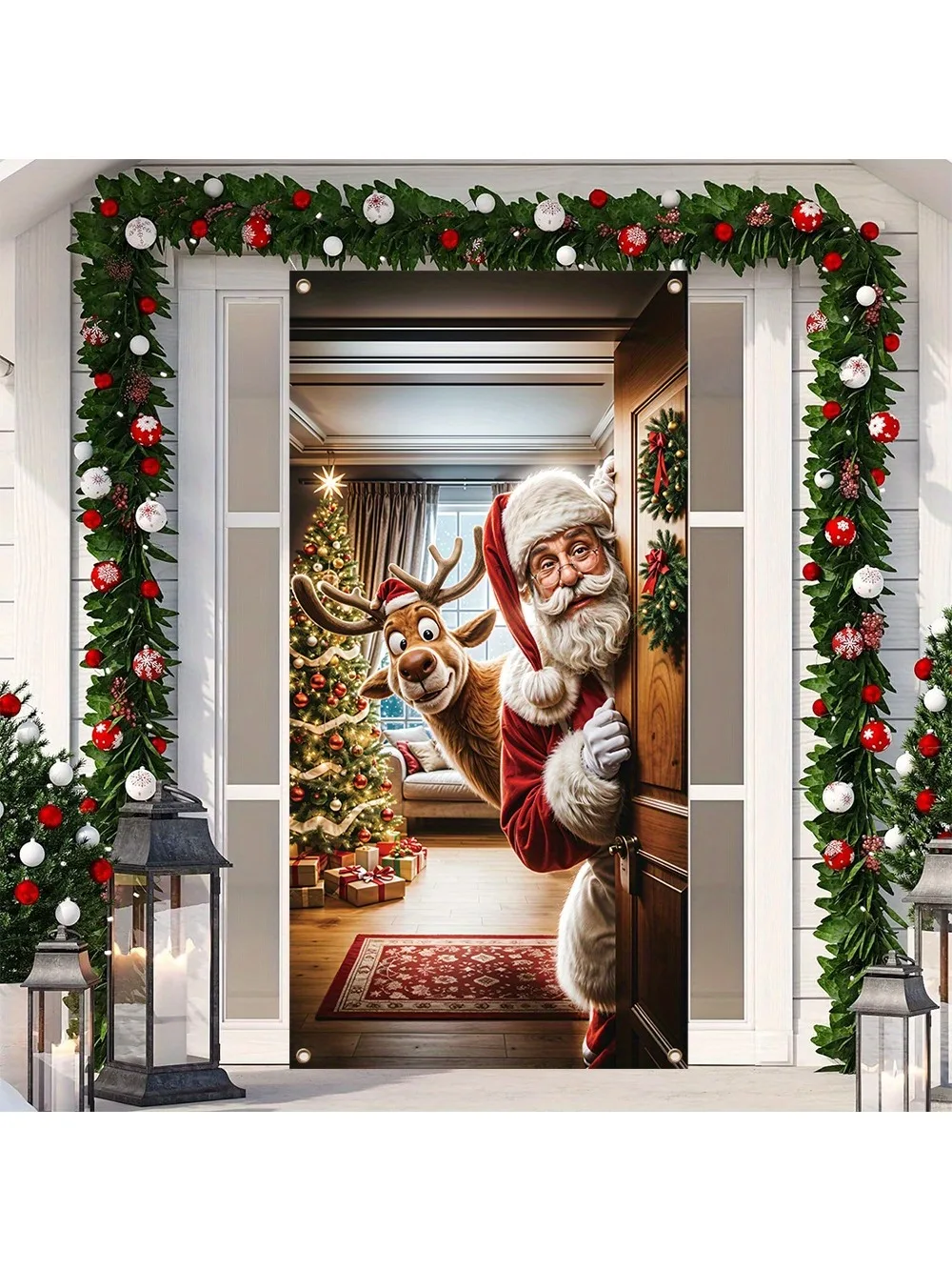 1 piece, Merry Christmas porch banner, Gift Santa applies to indoor outdoor front door home mural decoration