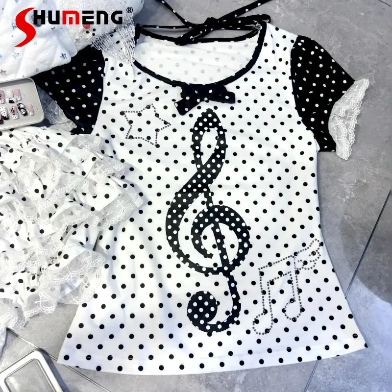 

Polka Dot Bow Short Sleeved Tshirts Musical Note Hot Girl Japanese Subculture Pumpkin Short Pants Summer Lace Top Tees Pullovers