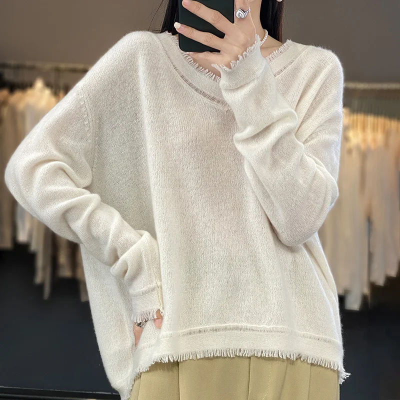 Women's V-Neck Knitted Cashmere Sweater, Loose Pullover, Short, Long Sleeve, Bottoming, Thin, New, Autumn and Winter