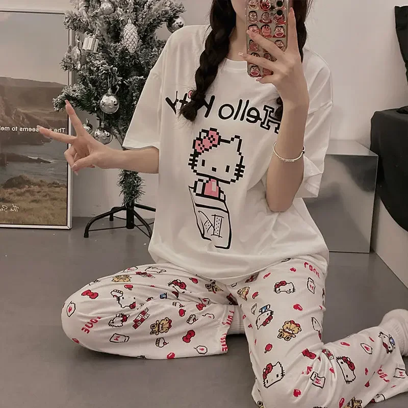 Sanrioed Anime Hello Kitty Pajamas Suit Cartoon Summer Loose Homewear Leisure Short Sleeved Trousers Kawaii Nightgown Suit Girl