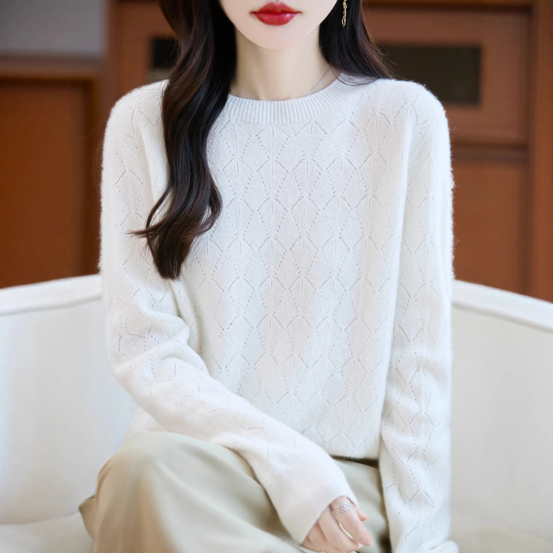 

Women Sweater O-neck 100% Wool Autumn Winter Long Sleeve Hollow Out Soft Warm Bottoming Shirt Solid Basic Korean Fashion Jumpers