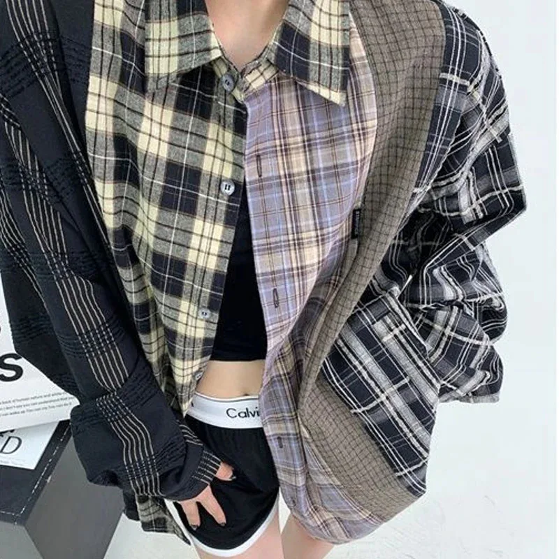 American High Street Plaid Shir Women Fashion New Single Breasted Vintage Patchwork Loose Long Sleeve Thin Shirt Jacket