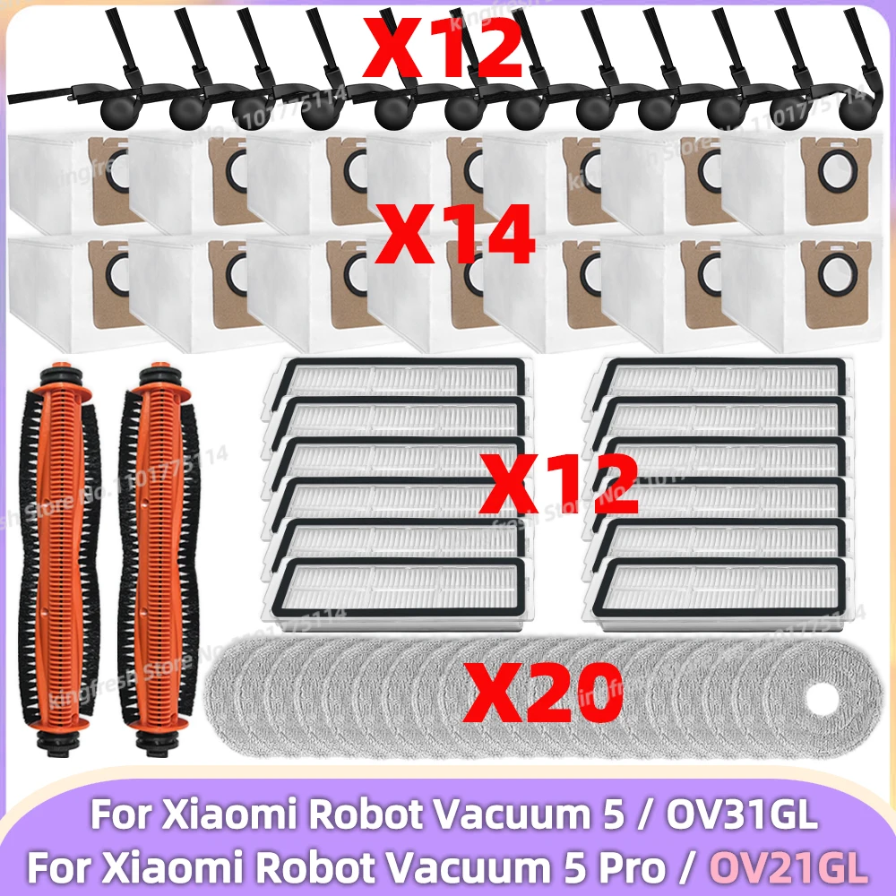 Compatible avec (Xiaomi Robot Vacuum 5 / OV31GL, Xiaomi Robot Vacuum 5 Pro / OV21GL) Pièces : brosse principale et latérale Tricut, filtre, serpillière, sac, accessoires