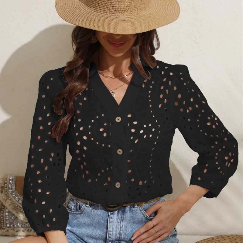 2024 Summer Embroidery Button Front Blouse For Women Lantern Sleeve Cotton Hollow Out Sexy Stand Collar Beach Top