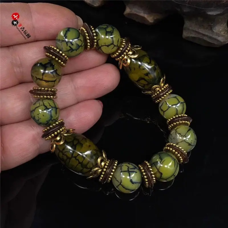 Natural Tibet Three Nine Eyed Celestial Beads Hand Chain with Dragon Pattern Agate  Old Jade Green Retro Men's and Bracelet