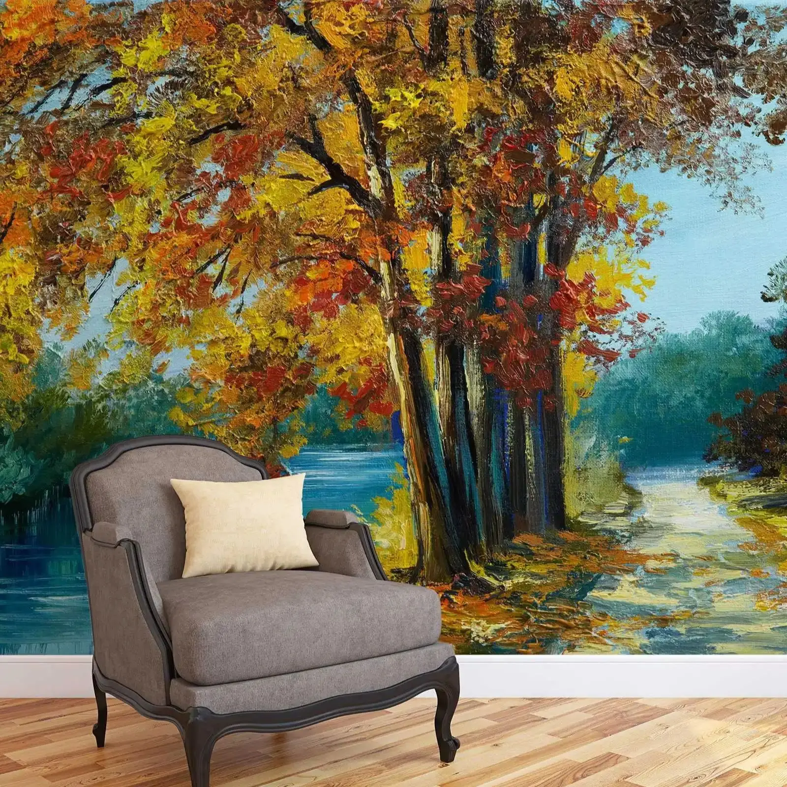 

Осенняя настенная роспись с пейзажем, настенный декор с лесным искусством, настенное искусство, обои на заказ, обычные обои без наклеивания для украшения дома