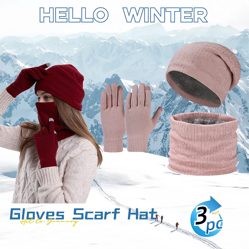 

Winter Warm Thicken Hat Scarf and Gloves Set,Mens Women Thermal Fleece Lined Slouchy Neck Scarves Gloves,3 in 1 Warm Set