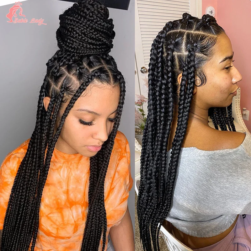 Pelucas llenas de encaje sintético, peluca con trenzas en caja Jumbo, peluca con malla frontal, peluca con trenzas sin nudos, pelucas trenzadas en caja de trenzas largas de 36 "para mujeres negras