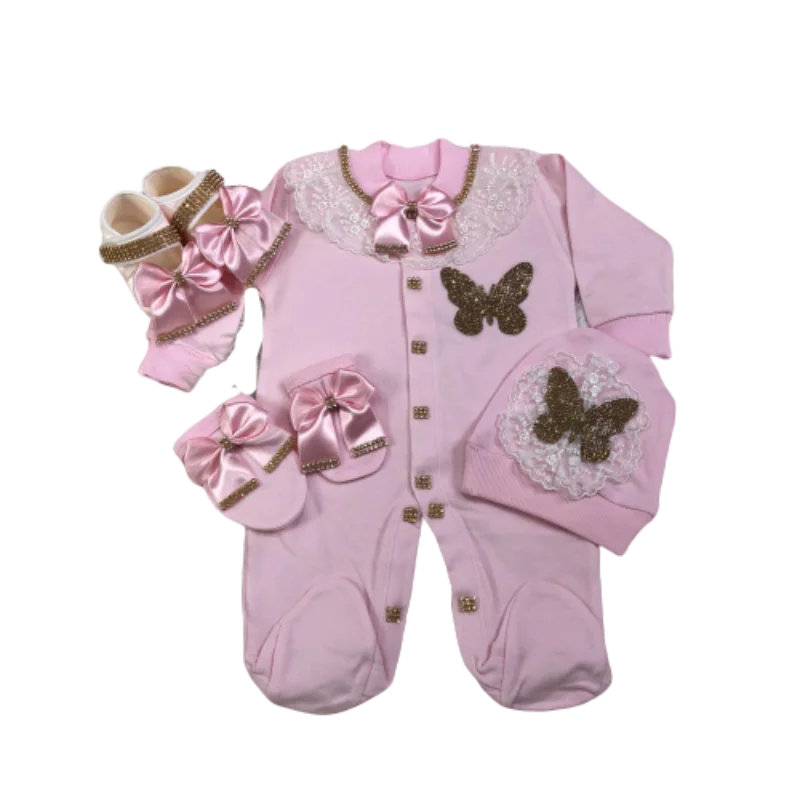 Luxury Baby Princess Romper 0-9 Months 4Pcs Baby Pink Gold Satin Bow Crystal Butterfly Lace Collar Footed Jumpsuit Boutique Gift