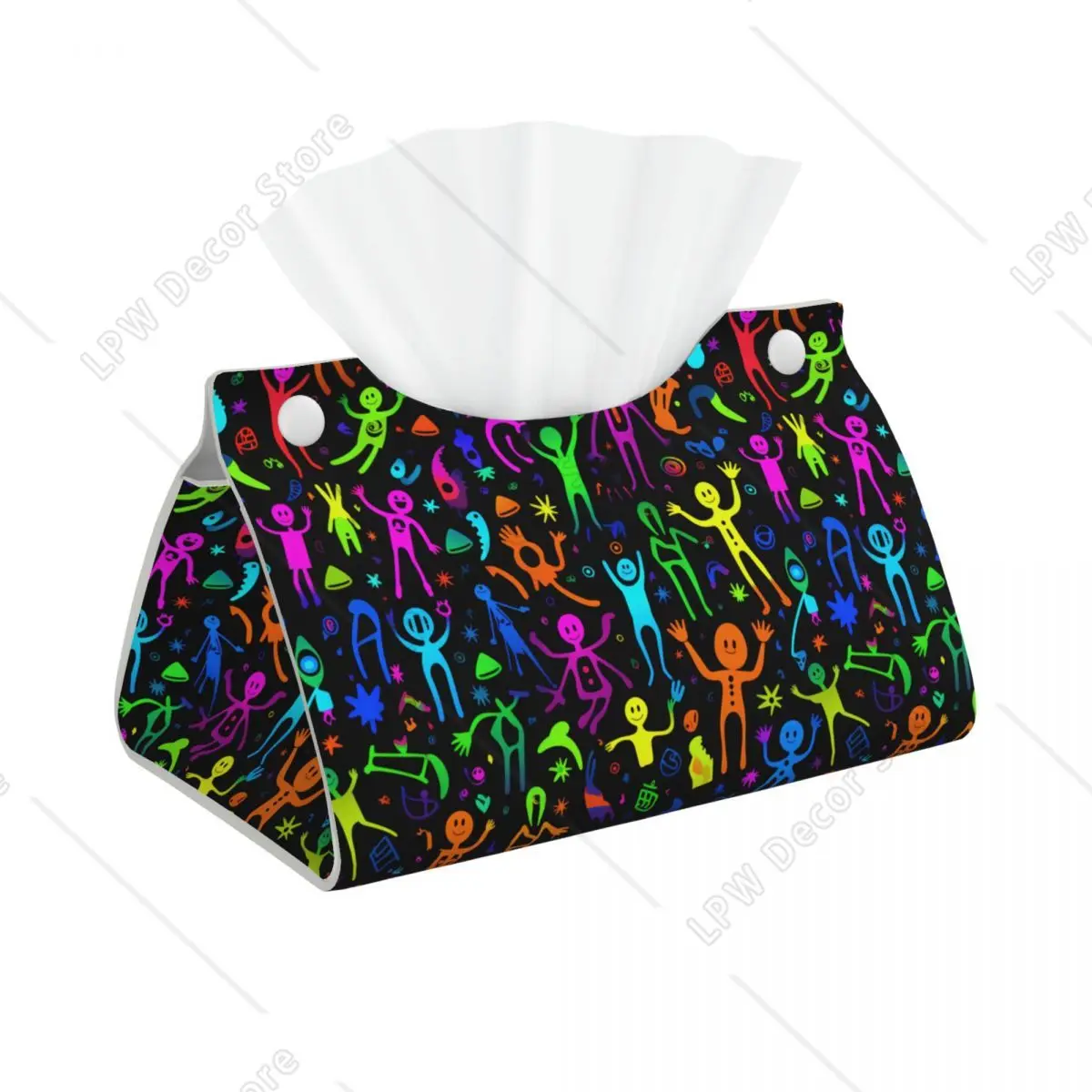 Custom Neon Doodle Style Tissue Box Cover PU Leather Rectangular Skull Facial Tissues Holder for Home