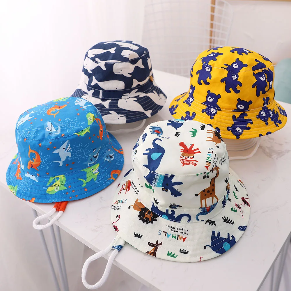 Cute Kids Outdoor Bucket Hats Children Sun Hats with Windproof Rope Cotton Baby Caps for Boys Girls Caps Summer Hat for Kids