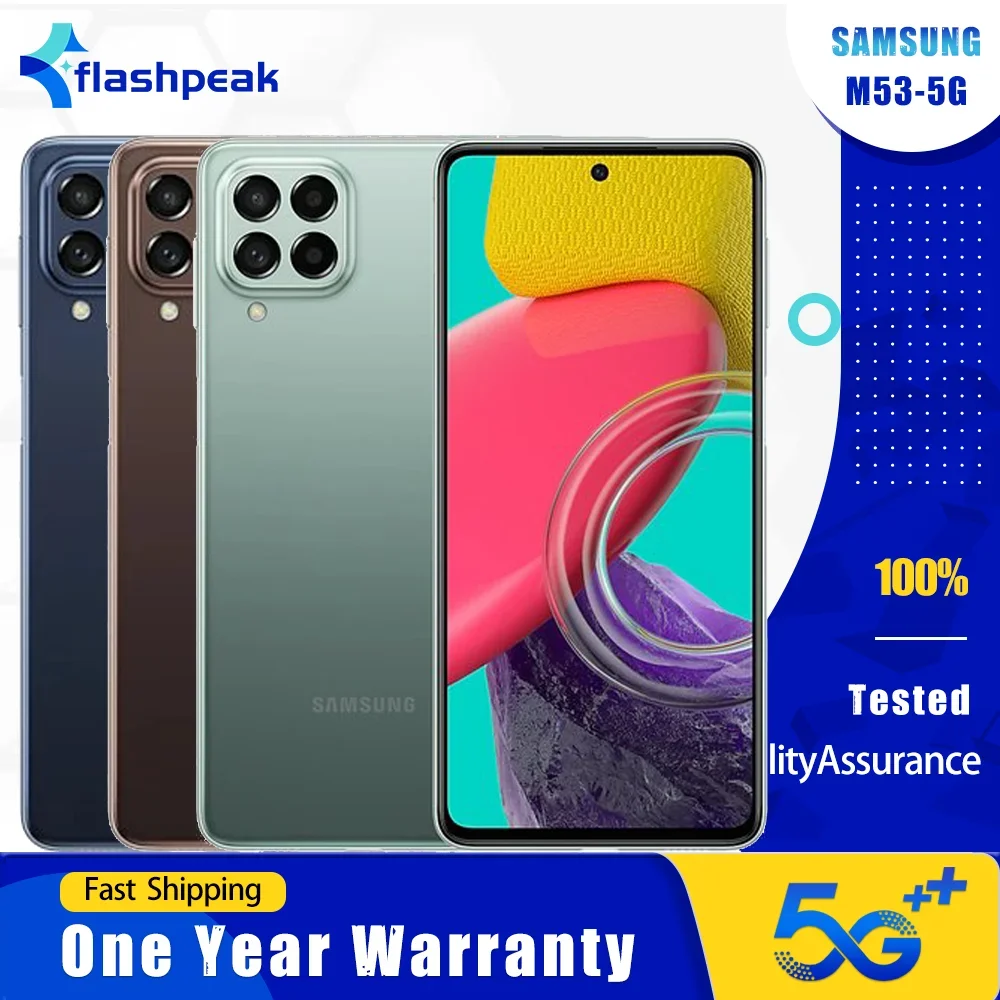 Оригинальный мобильный телефон Samsung Galaxy M53 M536S 5G с NFC, 6.7' экраном, 8 ГБ ОЗУ, 128 ГБ ПЗУ, камерами 108 МП + 32 МП, 4K@30fps, восьмиядерным процессором, Android.