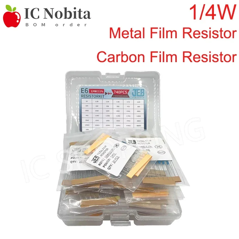 

740PCS 1/4W Metal Film Resistor Kit 0.25W Carbon Film Resistor 37 Values Resistor Assortment 1Ω~1MΩ 1% 5%