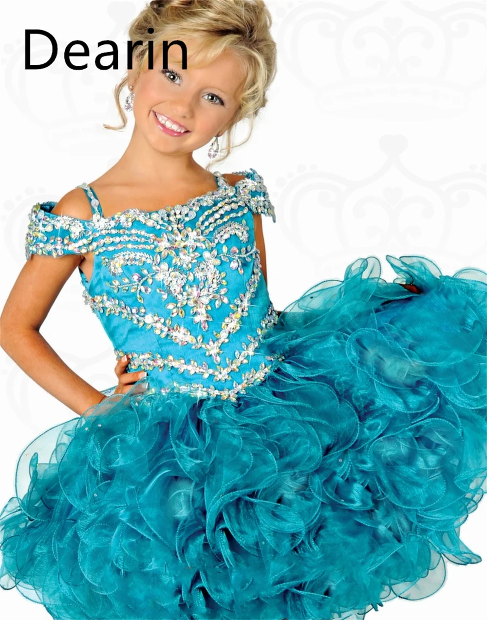 Customized Flower Girl Dress Dearin Shoulder Girdle Ball Gown Mini Length Skirts Sequin Fold Dresses