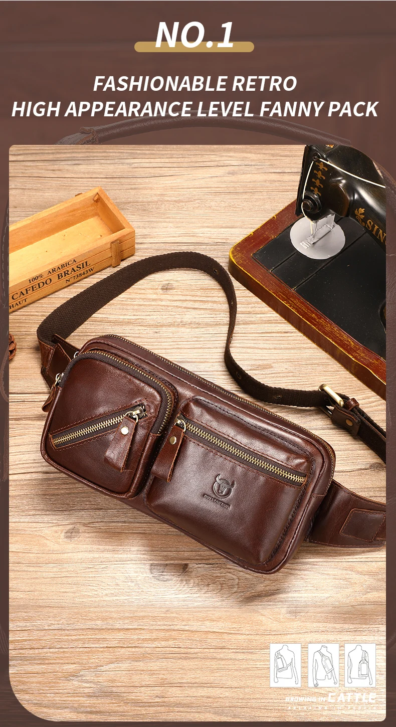 Bull captain Herren Echt leder Brusttasche Outdoor Sport Umhängetasche Multifunktion ale Hüft tasche mit großer Kapazität – Detail 3