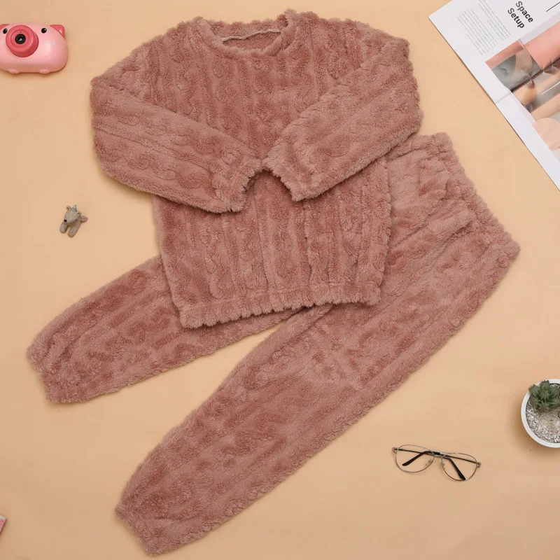 2Pcs/set children\'s coral velvet homewear thickened padded warm pajamas men and women multicolor long-sleeved long pants pajamas