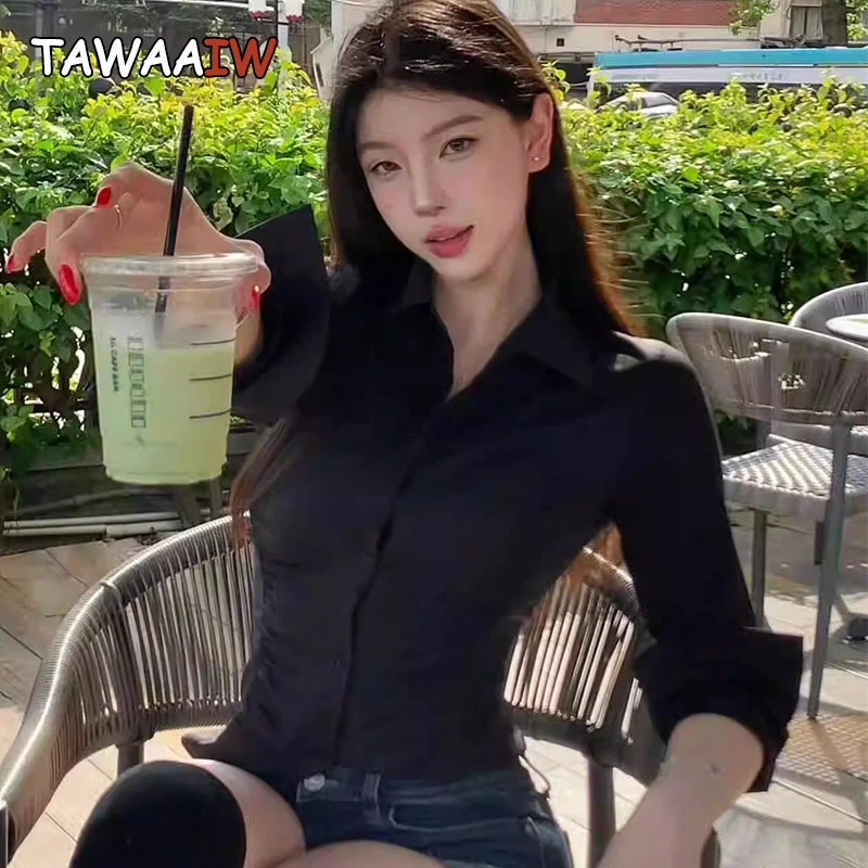 

Tawaaiw Black Casual Shirt Women Long Sleeve Tighten Up Waist Korean Fashion Solid Wrinkle Shirts And Blouses Spring Tops Y2k