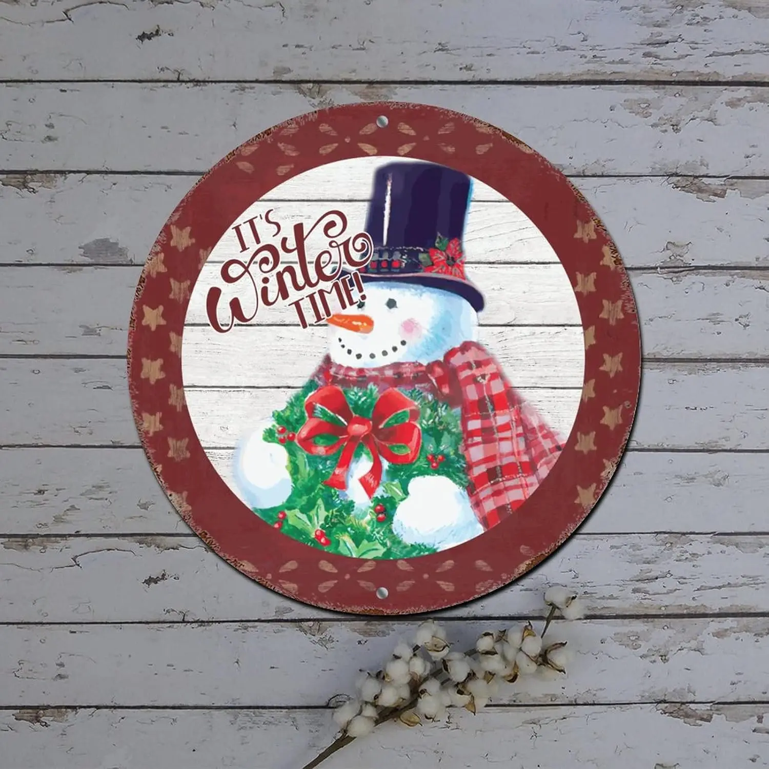 Merry Christmas Sign Let It Snow Snowman Star Wood Grain Round Metal Tin Sign Christmas Hanging Decorations Retro Plaque Metal S