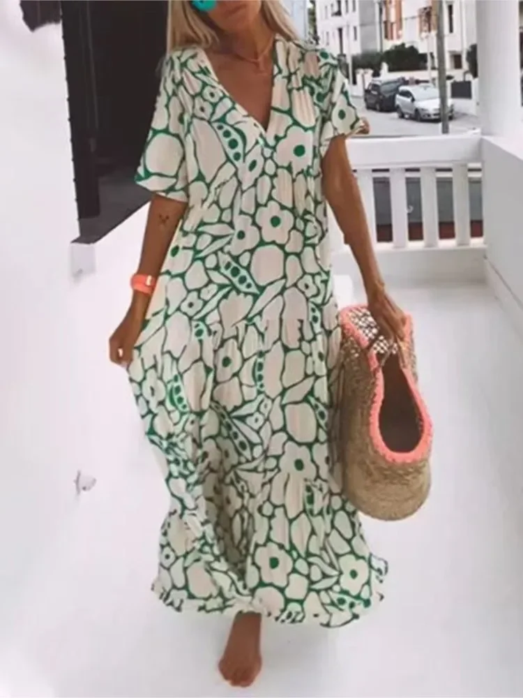 Vestidos largos florales bohemios para mujer, vestido largo fluido de verano para vacaciones, Vestidos de manga corta con cuello en V, Vestidos veraniegos para vacaciones y playa