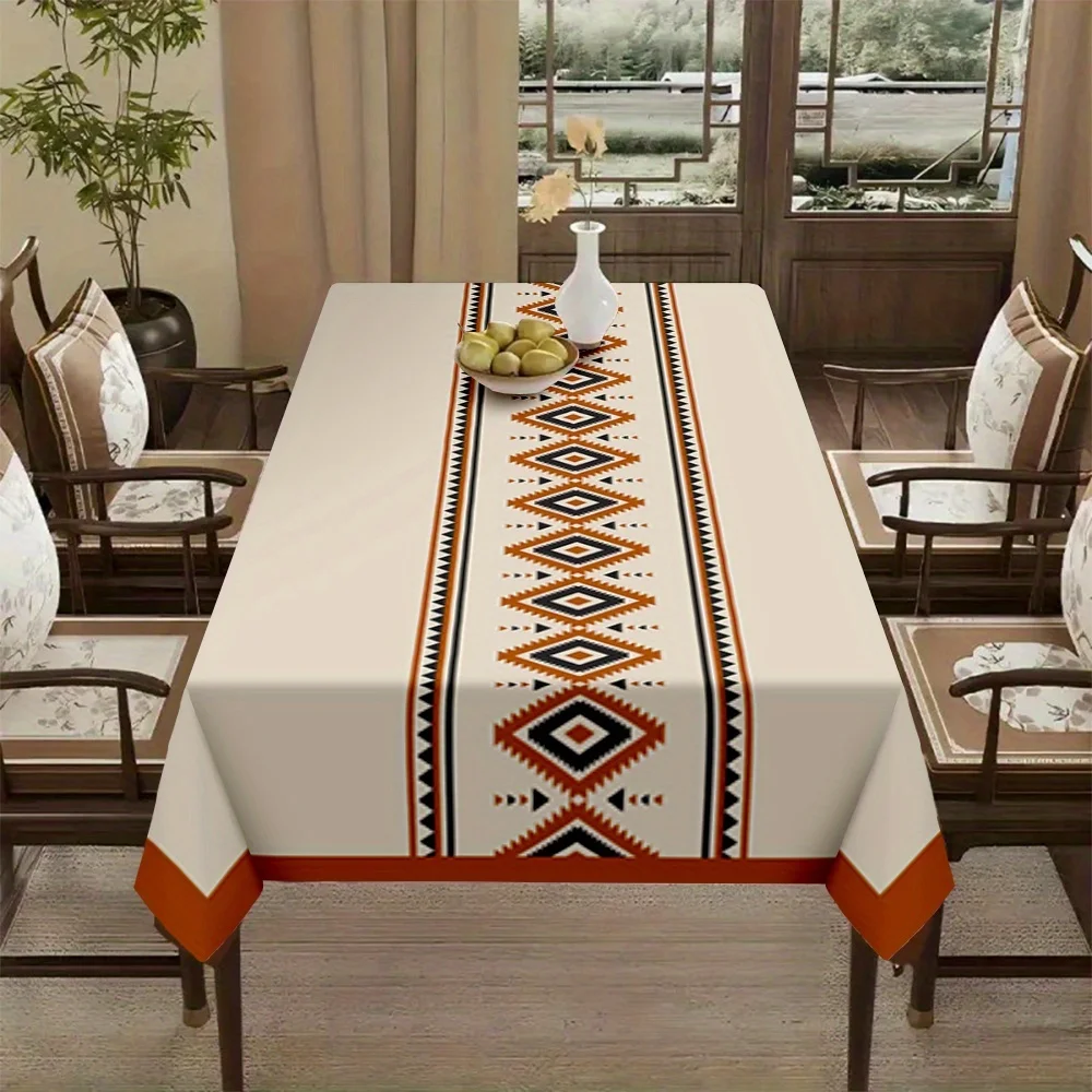 1pc Boho Aztec Geometric Border Tablecloth Waterproof Rectangular Table Cover Farmhouse Tribal Dining Decor
