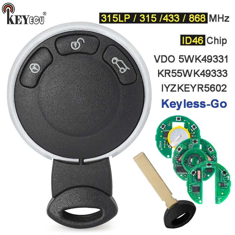 

KEYECU 315/315LP/433/868MHz ID46 Chip Keyless-Go / No Smart Remote Key Fob for BMW CAS Mini Cooper S Cabrio Countryman Clubman