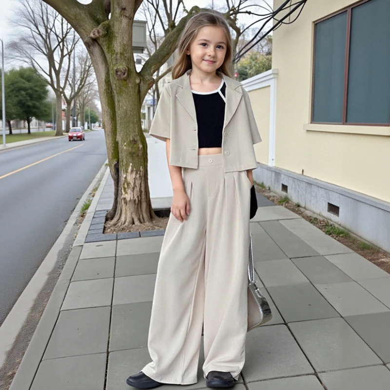 

Летний костюм для девочек, повседневная куртка с короткими рукавами, широкие брюки, комплект из 2 предметов, белая детская одежда для подростков, школьная детская одежда, 10 12 лет