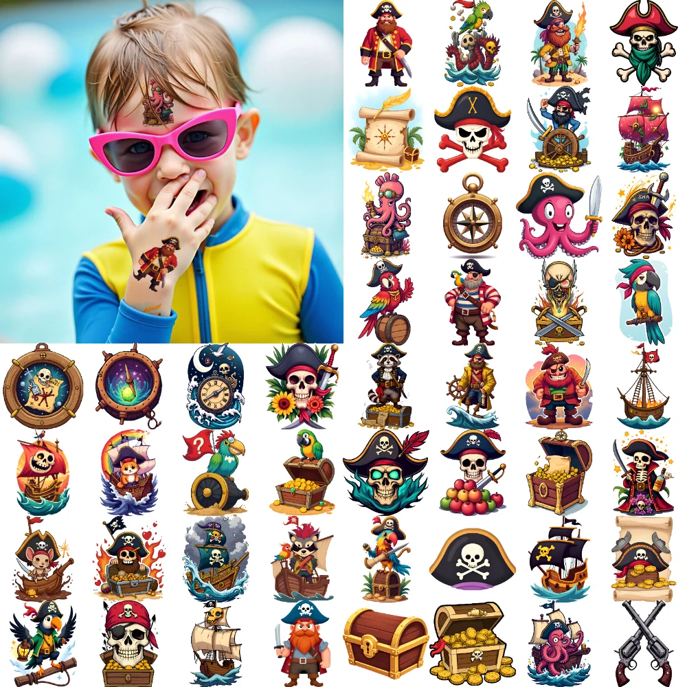 

63pcs Temporary Tattoo Pirate Stickers Temporary Tattoo Stickers Treasure Chest Stickers Cartoon For Arms Children Adults