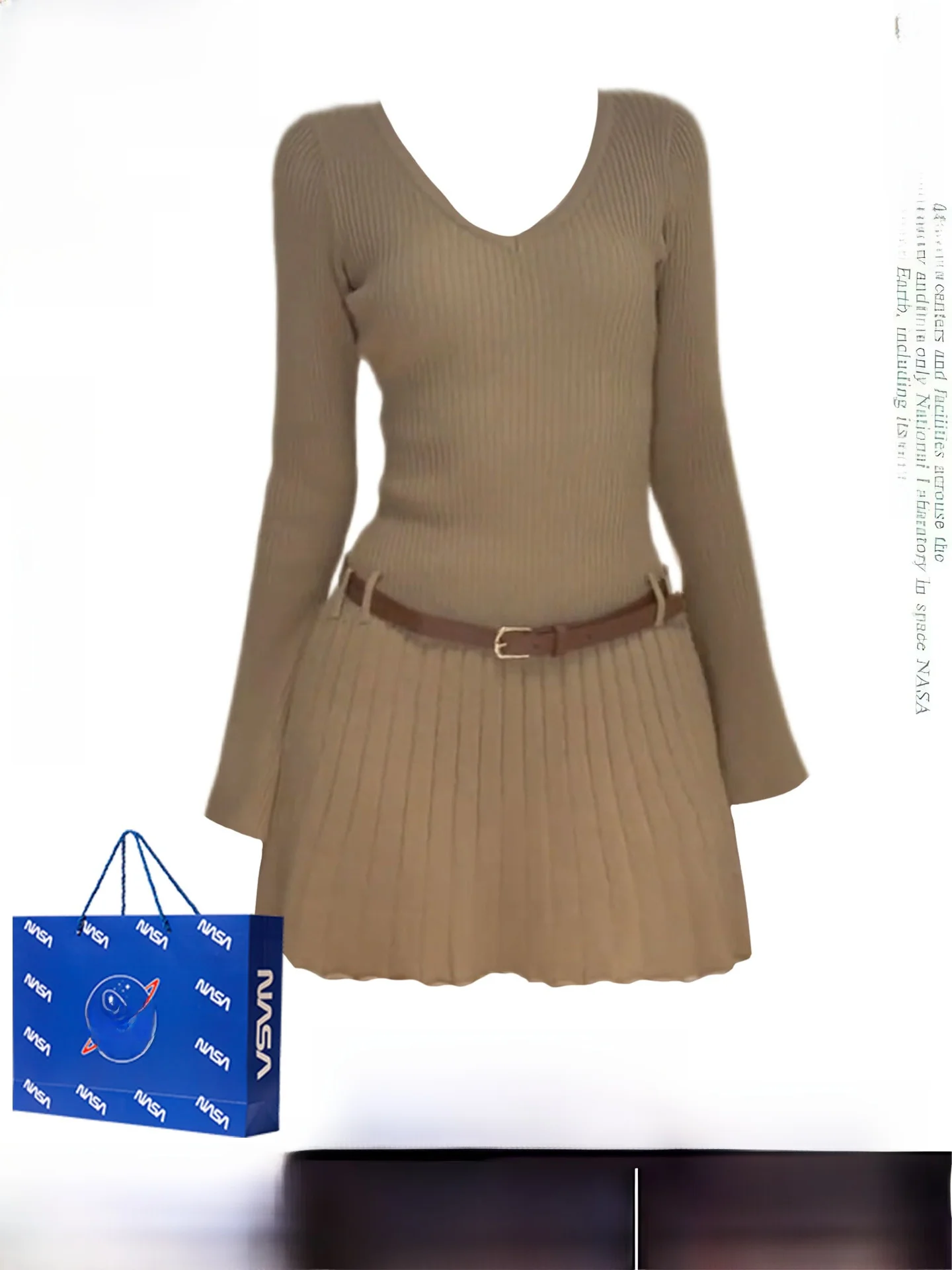 

Slim Fit Long Sleeve V Neck Knitted Dress Autumn Fashion Waist Cinching Short Skirt Girls Casual Polyester Fiber City Walk Dress