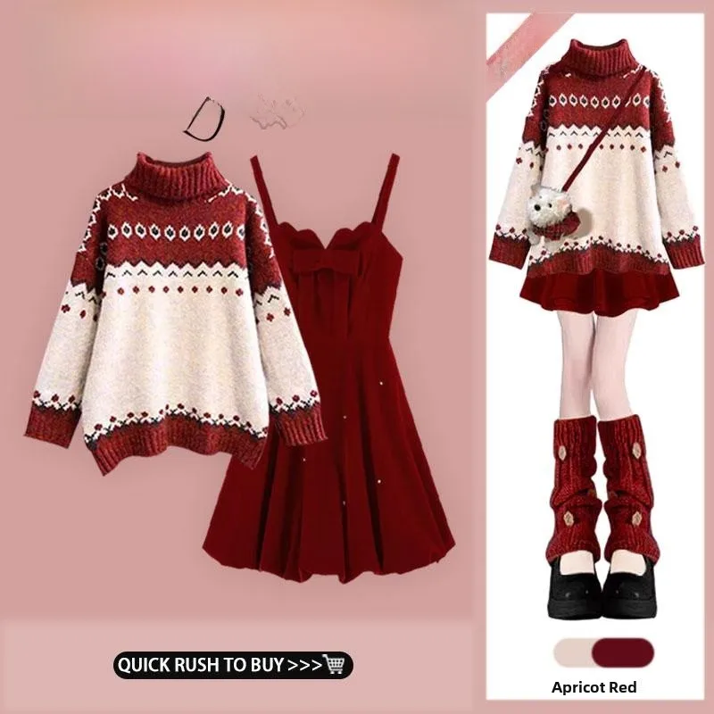 

Red Fair Isle High Neck Knitwear Women's Christmas Outfit Dress Set Long Sleeve Fashionable Two-Piece Suit Autumn Winter