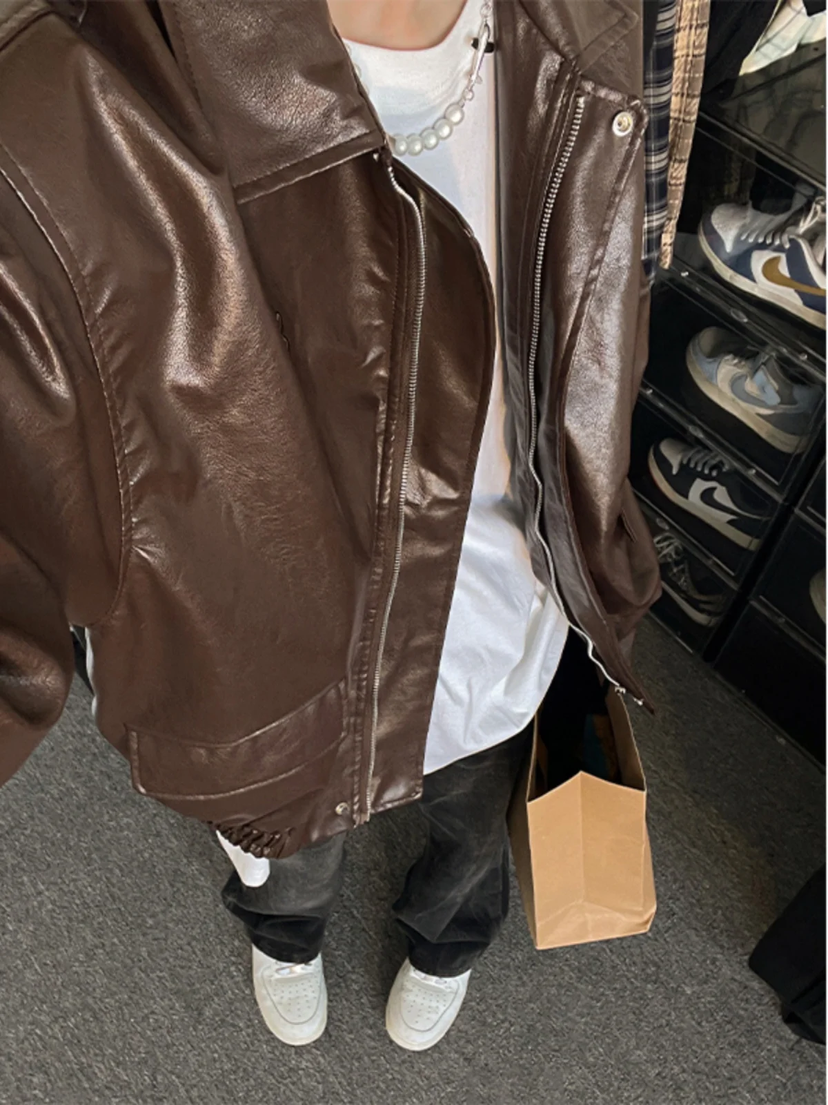 

Browan Leather Jaet Men's Trendy Vintage American Motorcycle Sle Zipper Closure Casual Loose Fit Metal Decorated Coat