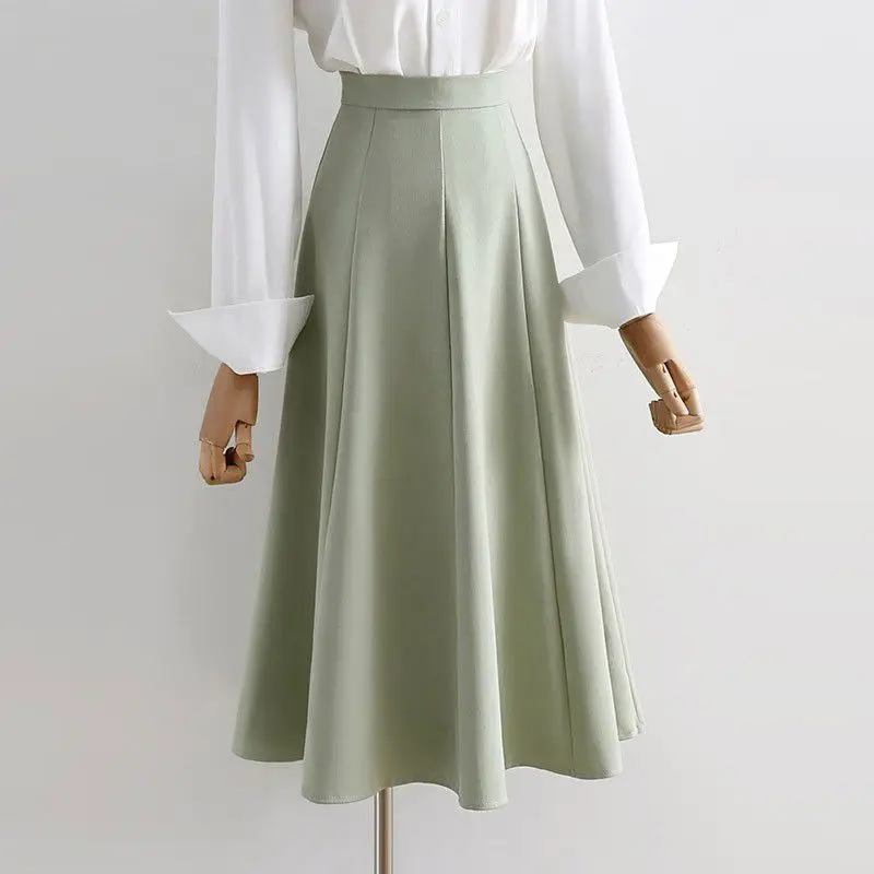 Korean Version Simple Pleated High Waist Suit Skirts Women's Spring Summer 2026  Loose Temperament Long A-shaped Big Swing Skirt