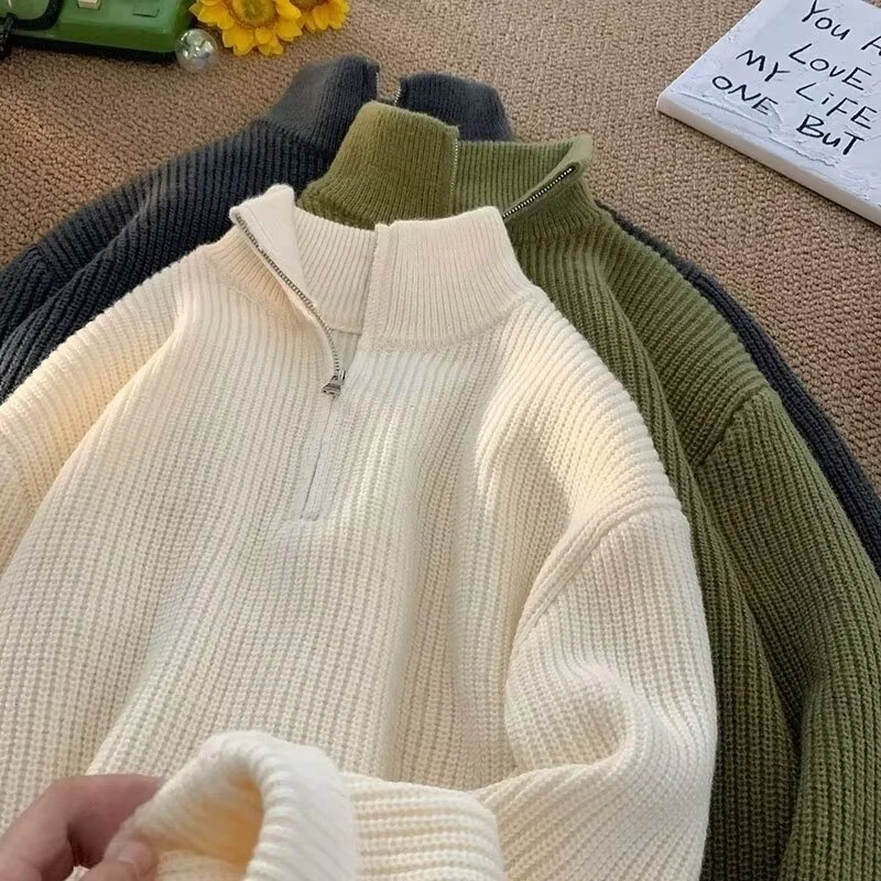 Suéter Casual de Punto con Cuello Alto para Hombre, Color Sólido, Media Cremallera, Estilo Coreano Otoño 2025, Estilo Hoado...