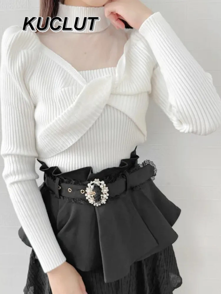 

Warm Sweaters Autumn Winter Japanese Style Sweet Black and White Lace Girl Bow Knitted Shirt Inner Layer Versatile Sweater Top