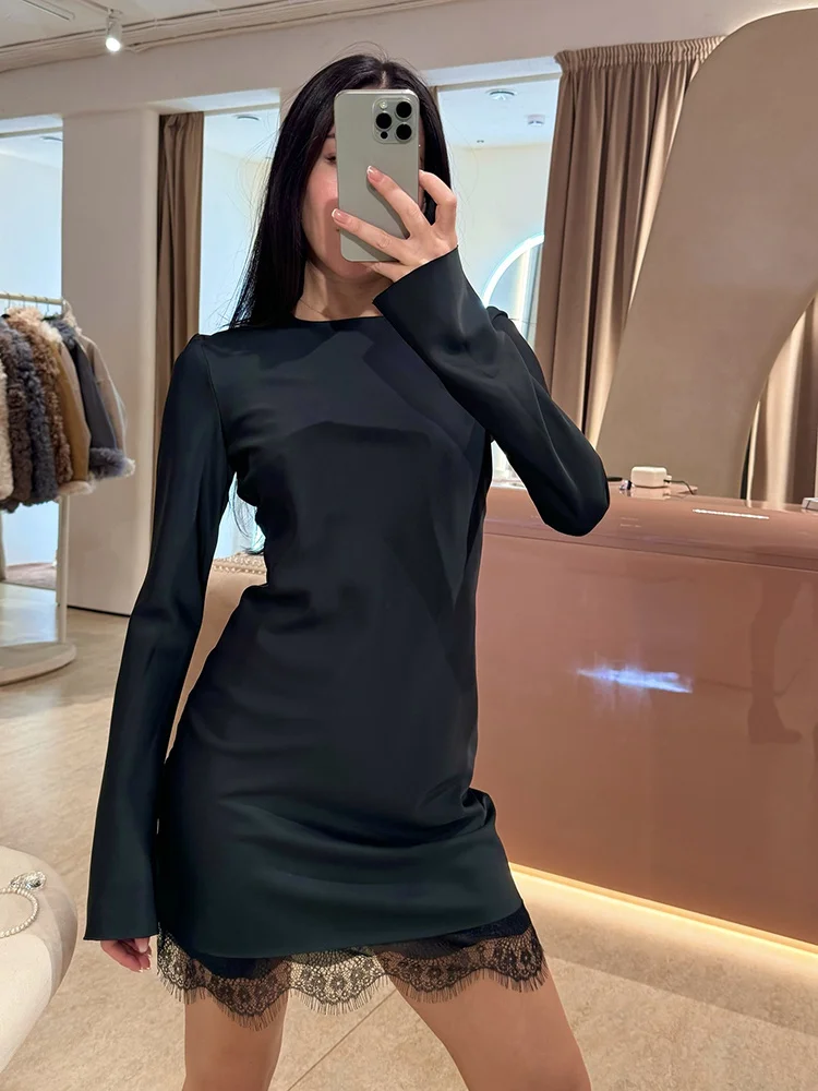 Articat 우아한 새틴 레이스 패치워크 긴 소매 미니 드레스 여성 라운드 넥 슬림 파티 클럽 이브닝 드레스 봄 신상 의류