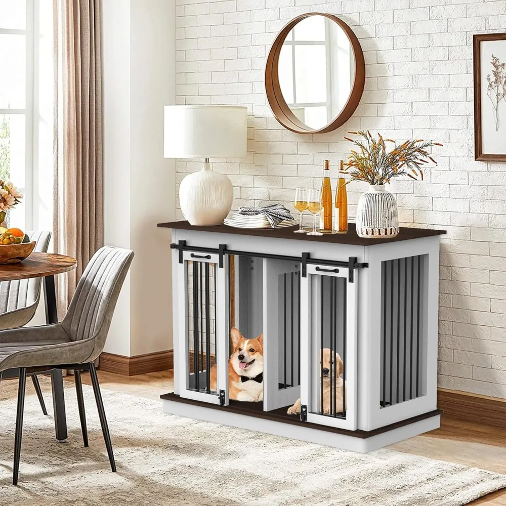 

Double Dog Crate Furniture for 2 Dogs Heavy Duty Wood Dog Cage Table with 2 Sliding Doors and Removable Divider Dog Kennel Indo